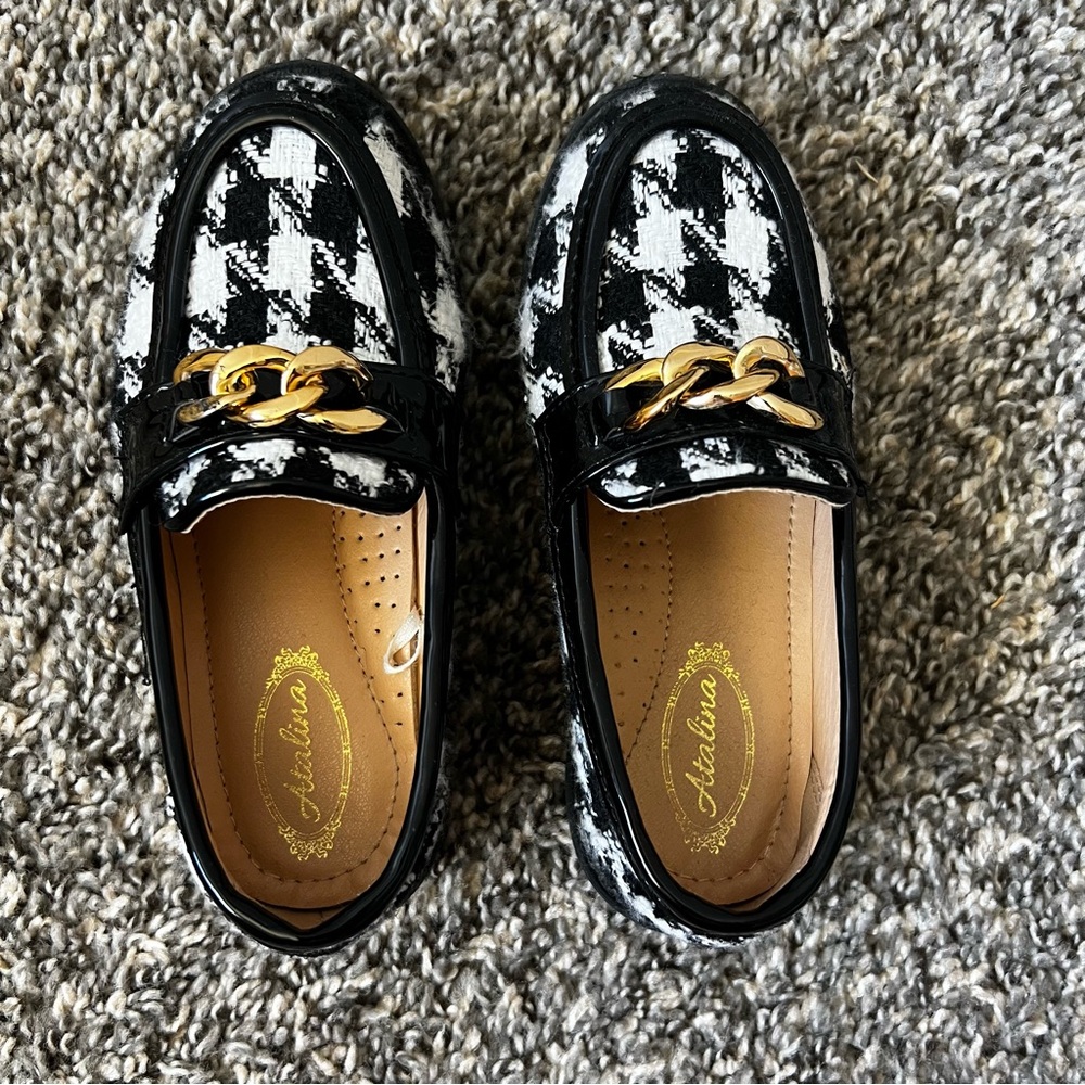 Atalina Toddler Girl Loafers Houndstooth With Gold Chain‎ Link Size 10 - Picture 3 of 16